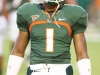 10 October 2009:  Miami (FL) defensive back Brandon Harris (1) warms up before the game.  The No 11. Miami Hurricanes defeated Florida A & M Rattlers 48-16 at Landshark Stadium in Miami Gardens, FL.